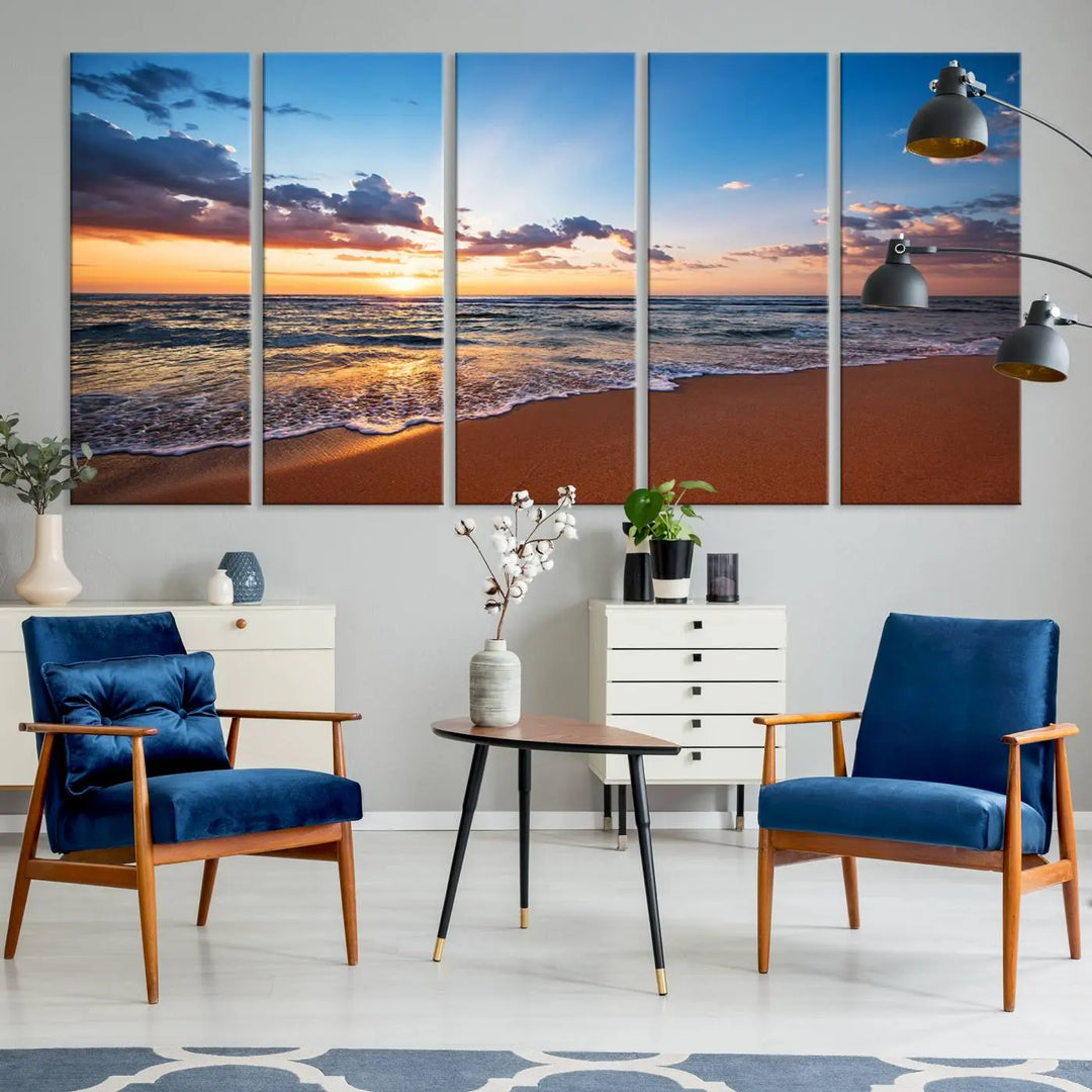 A Golden Hour Beach Sunset wall art canvas print decorates the wall in the bright room.