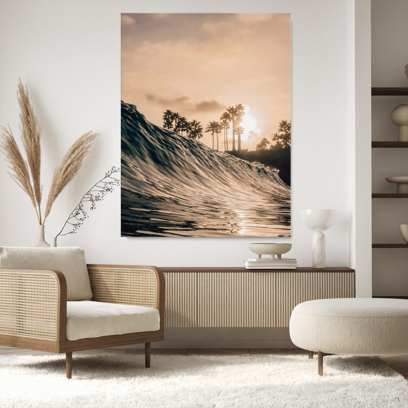 50270635-MGV-CV-36X24-Golden Hour Ocean Wall Art Canvas Print, Tropical Beach Sunset Print, Framed Palm Tree Silhouettes Art Print, Large Warm Coastal
