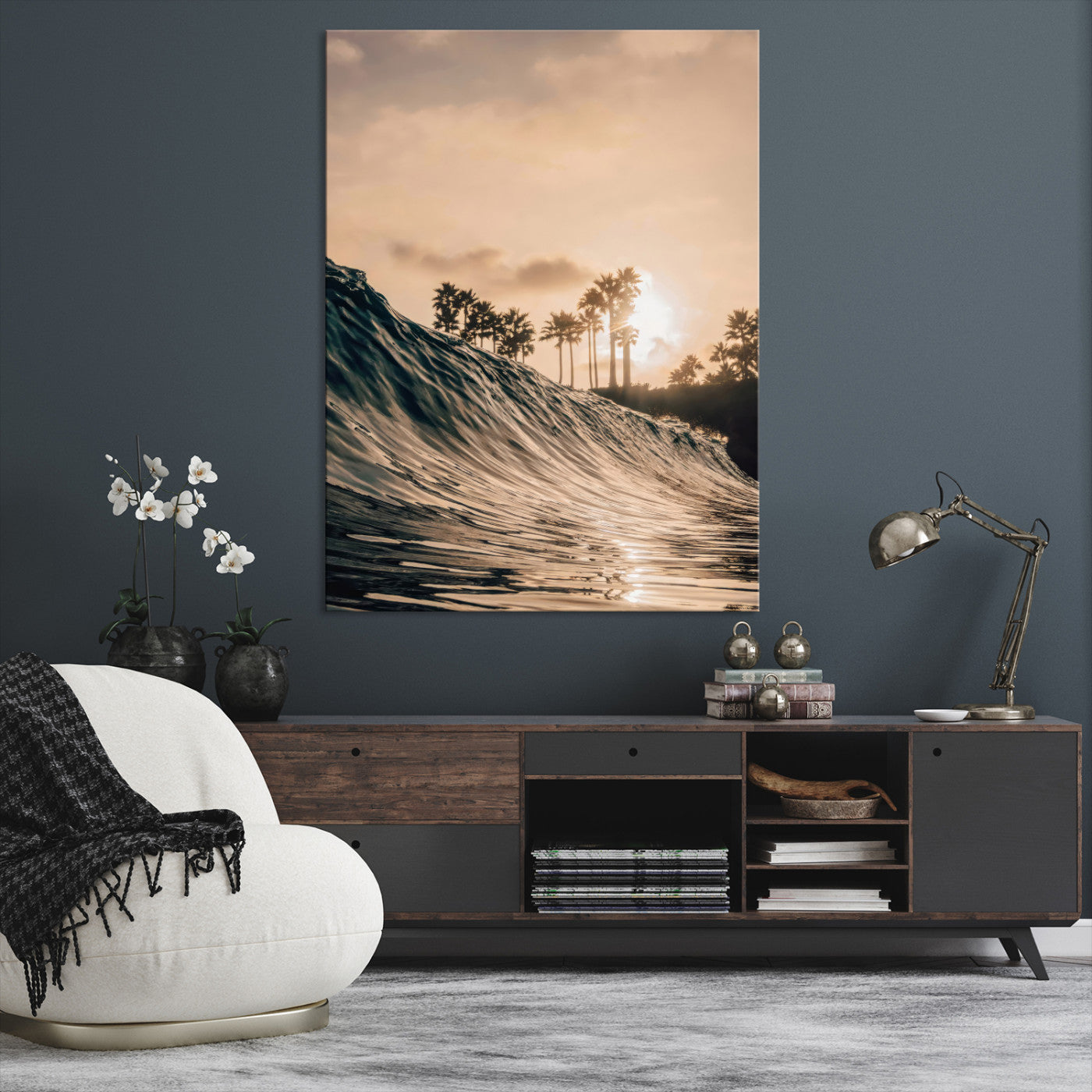 50270635-MGV-CV-36X24-Golden Hour Ocean Wall Art Canvas Print, Tropical Beach Sunset Print, Framed Palm Tree Silhouettes Art Print, Large Warm Coastal
