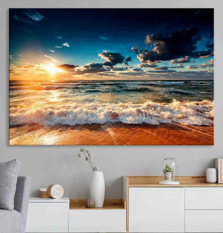 The "Golden Hour Sunset Over Ocean Waves Wall Art Canvas Print" is a stunning 3-panel coastal landscape canvas that showcases breathtaking beach photography, enhancing the cozy, coastal atmosphere.