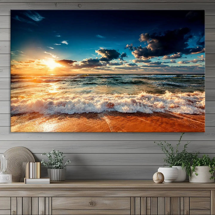 The "Golden Hour Sunset Over Ocean Waves Wall Art Canvas Print" is a stunning 3-panel coastal landscape canvas that showcases breathtaking beach photography, enhancing the cozy, coastal atmosphere.