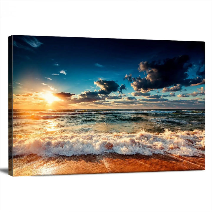 The "Golden Hour Sunset Over Ocean Waves Wall Art Canvas Print" is a stunning 3-panel coastal landscape canvas that showcases breathtaking beach photography, enhancing the cozy, coastal atmosphere.