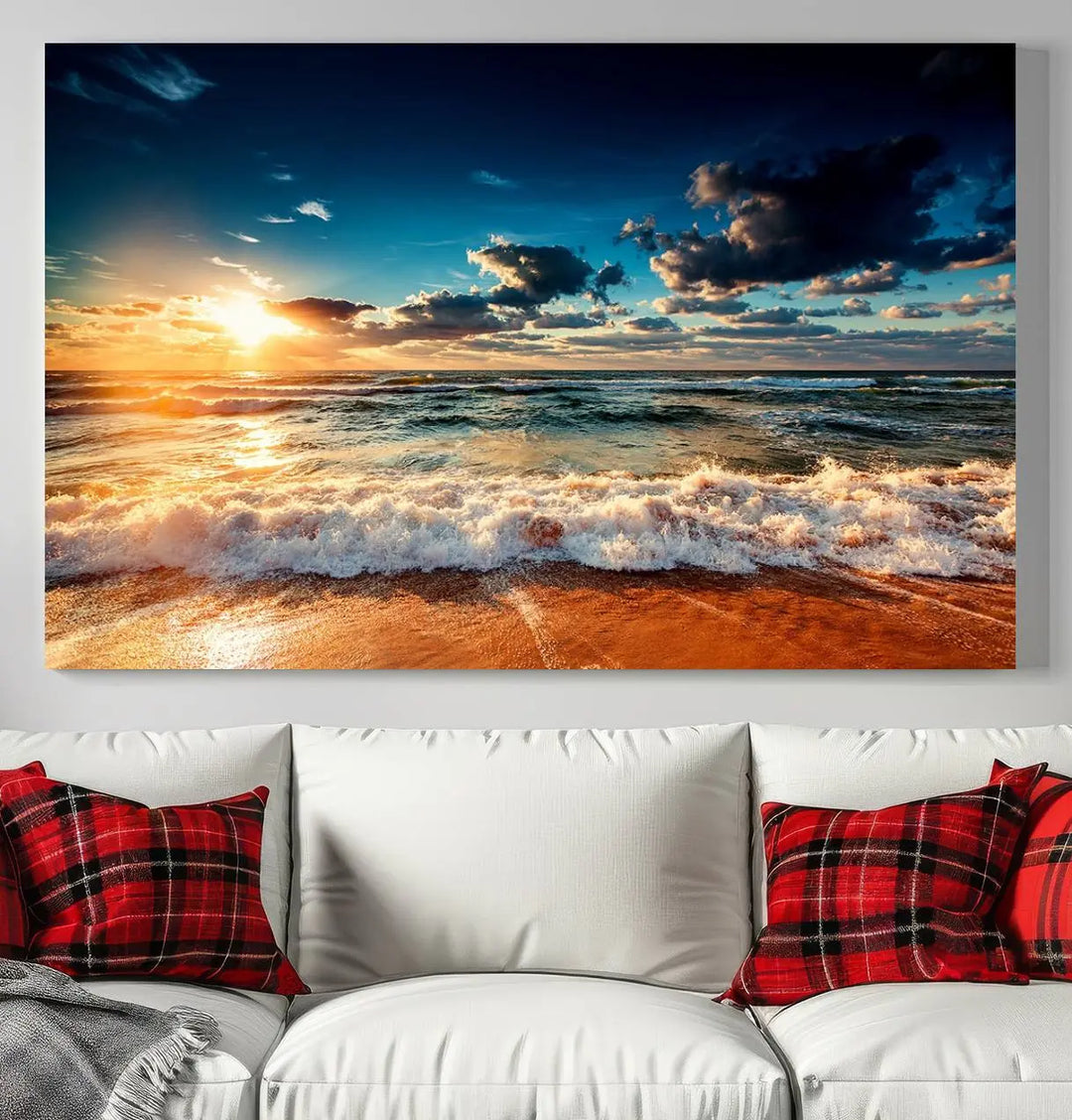 The "Golden Hour Sunset Over Ocean Waves Wall Art Canvas Print" is a stunning 3-panel coastal landscape canvas that showcases breathtaking beach photography, enhancing the cozy, coastal atmosphere.