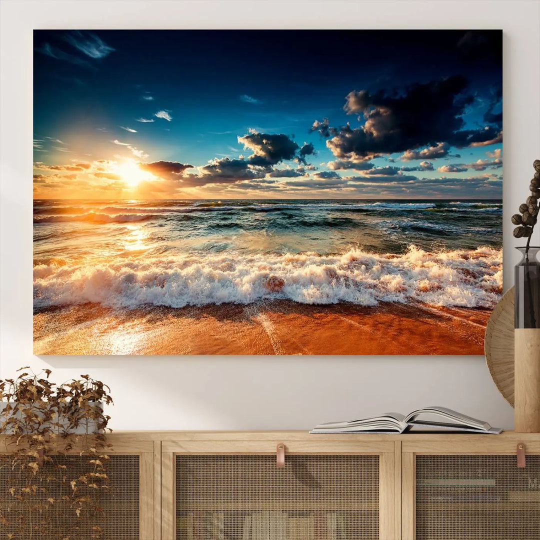 The "Golden Hour Sunset Over Ocean Waves Wall Art Canvas Print" is a stunning 3-panel coastal landscape canvas that showcases breathtaking beach photography, enhancing the cozy, coastal atmosphere.