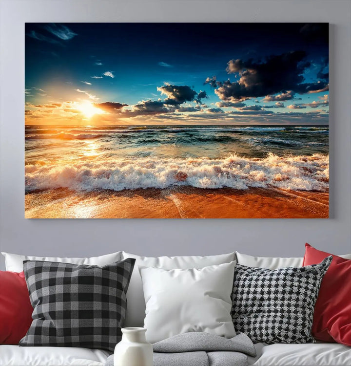 The "Golden Hour Sunset Over Ocean Waves Wall Art Canvas Print" is a stunning 3-panel coastal landscape canvas that showcases breathtaking beach photography, enhancing the cozy, coastal atmosphere.