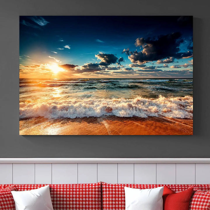 The "Golden Hour Sunset Over Ocean Waves Wall Art Canvas Print" is a stunning 3-panel coastal landscape canvas that showcases breathtaking beach photography, enhancing the cozy, coastal atmosphere.