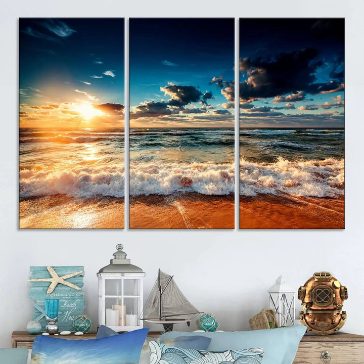 The "Golden Hour Sunset Over Ocean Waves Wall Art Canvas Print" is a stunning 3-panel coastal landscape canvas that showcases breathtaking beach photography, enhancing the cozy, coastal atmosphere.