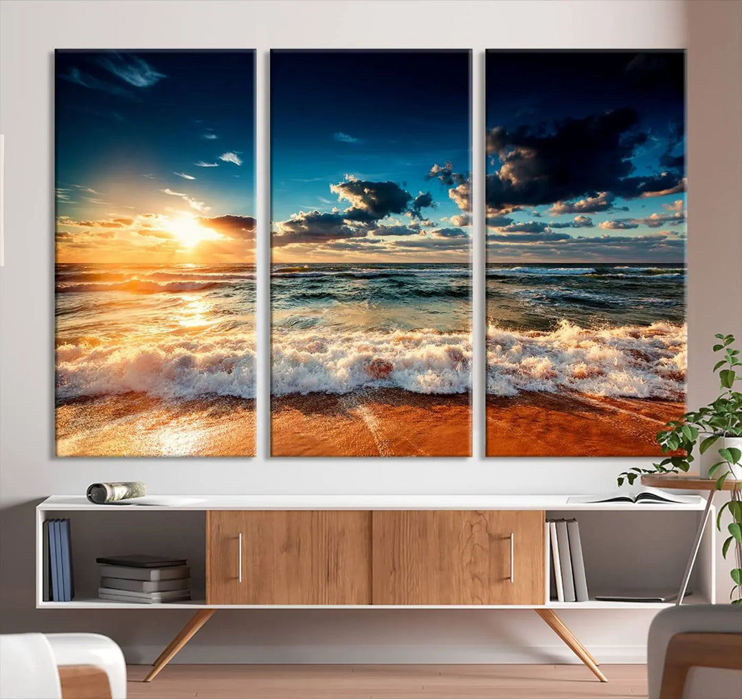 The "Golden Hour Sunset Over Ocean Waves Wall Art Canvas Print" is a stunning 3-panel coastal landscape canvas that showcases breathtaking beach photography, enhancing the cozy, coastal atmosphere.