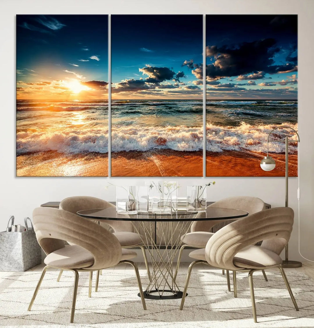 The "Golden Hour Sunset Over Ocean Waves Wall Art Canvas Print" is a stunning 3-panel coastal landscape canvas that showcases breathtaking beach photography, enhancing the cozy, coastal atmosphere.