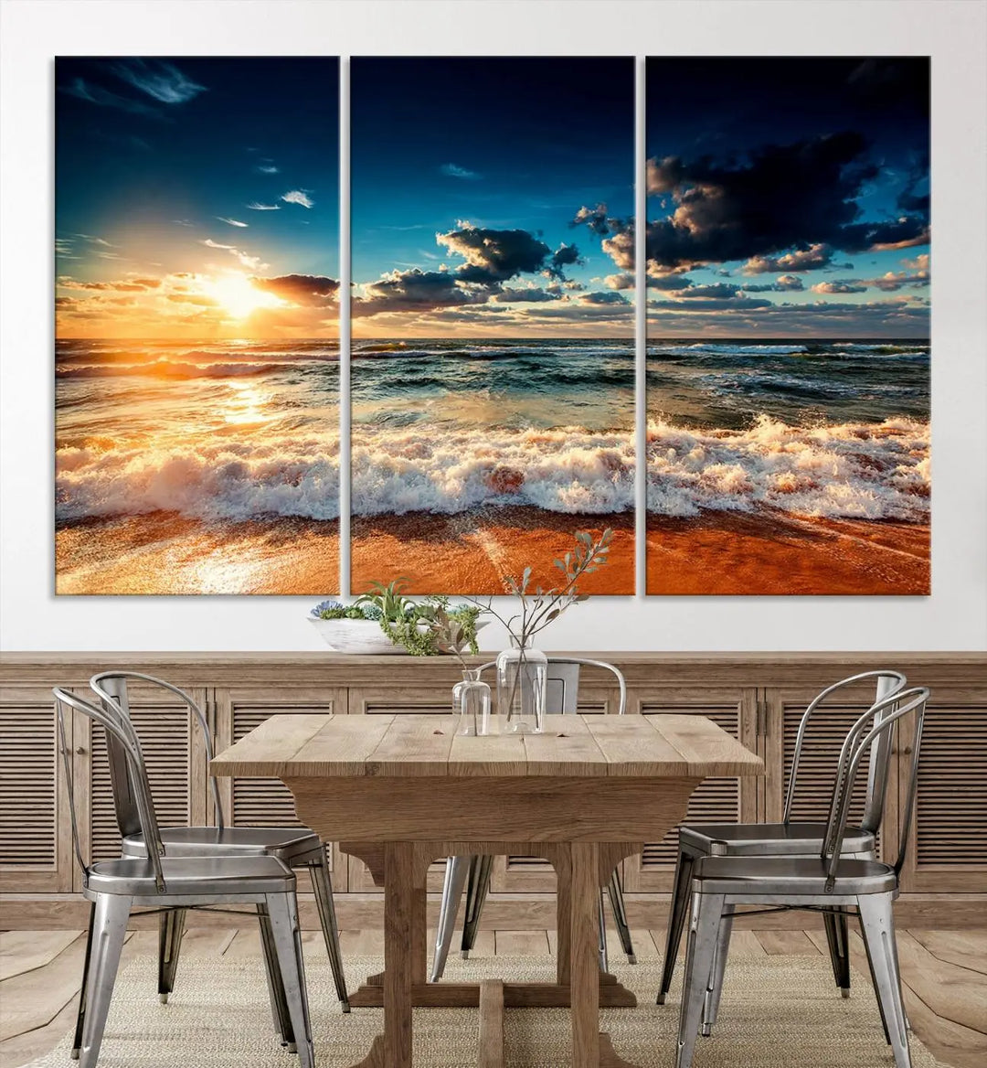 The "Golden Hour Sunset Over Ocean Waves Wall Art Canvas Print" is a stunning 3-panel coastal landscape canvas that showcases breathtaking beach photography, enhancing the cozy, coastal atmosphere.