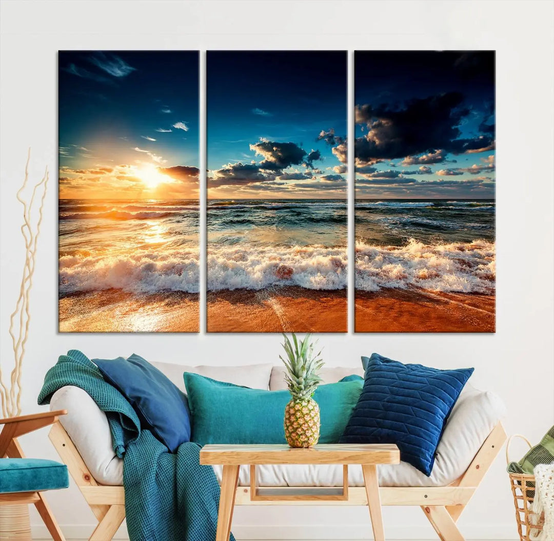 The "Golden Hour Sunset Over Ocean Waves Wall Art Canvas Print" is a stunning 3-panel coastal landscape canvas that showcases breathtaking beach photography, enhancing the cozy, coastal atmosphere.