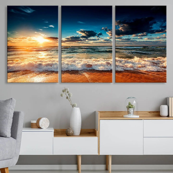 The "Golden Hour Sunset Over Ocean Waves Wall Art Canvas Print" is a stunning 3-panel coastal landscape canvas that showcases breathtaking beach photography, enhancing the cozy, coastal atmosphere.