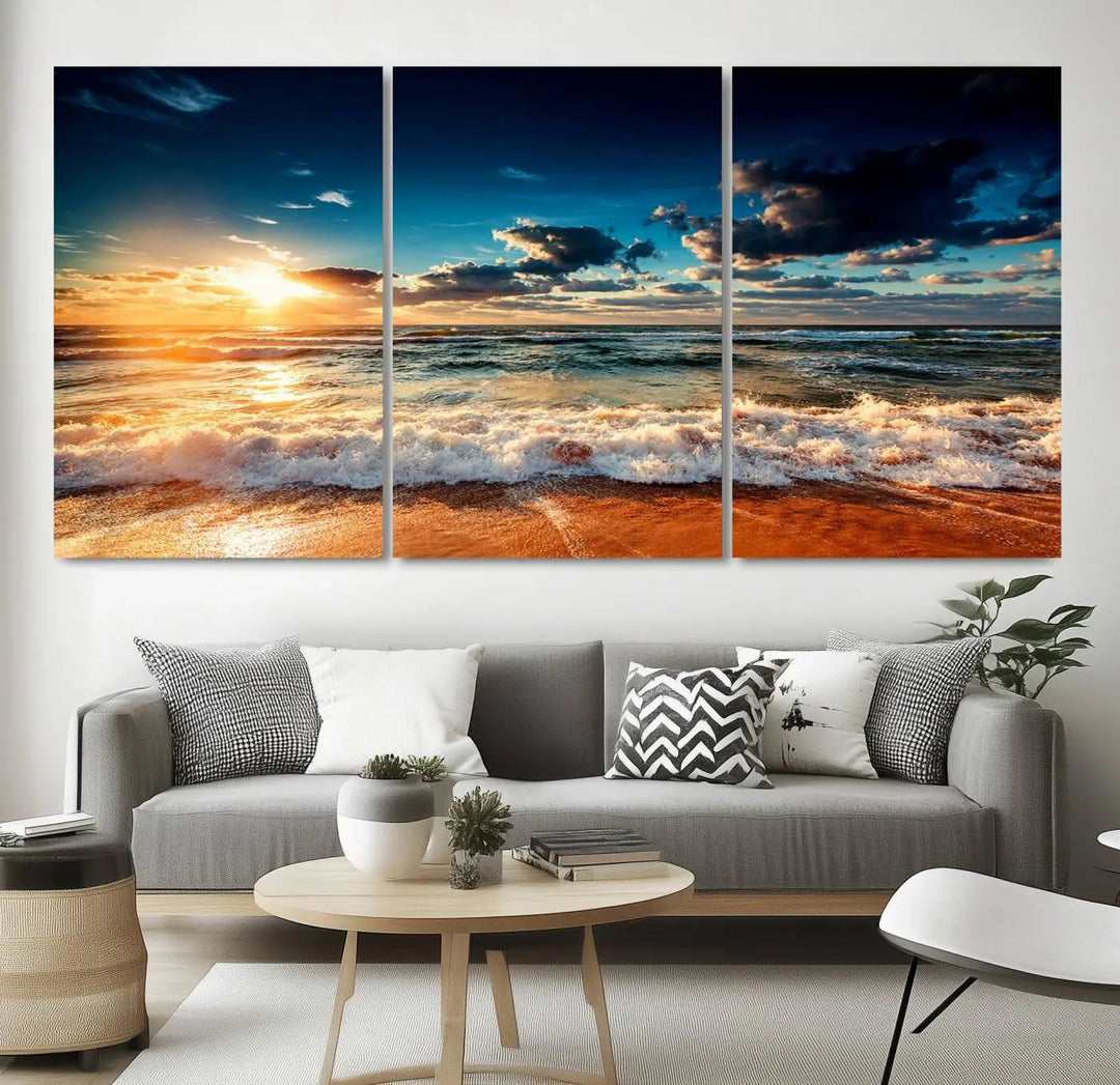 The "Golden Hour Sunset Over Ocean Waves Wall Art Canvas Print" is a stunning 3-panel coastal landscape canvas that showcases breathtaking beach photography, enhancing the cozy, coastal atmosphere.