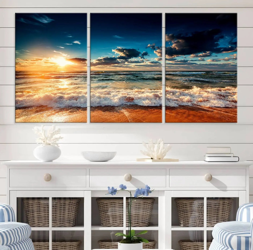 The "Golden Hour Sunset Over Ocean Waves Wall Art Canvas Print" is a stunning 3-panel coastal landscape canvas that showcases breathtaking beach photography, enhancing the cozy, coastal atmosphere.