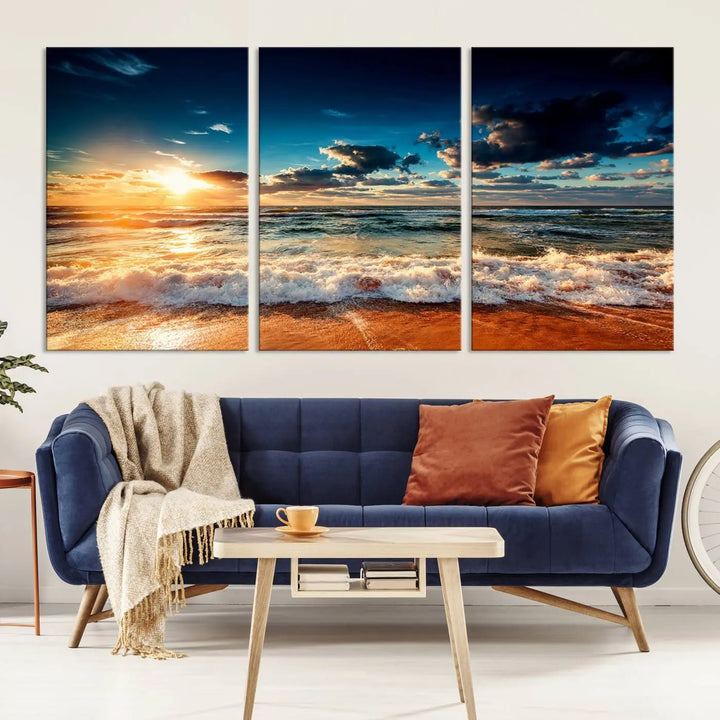 The "Golden Hour Sunset Over Ocean Waves Wall Art Canvas Print" is a stunning 3-panel coastal landscape canvas that showcases breathtaking beach photography, enhancing the cozy, coastal atmosphere.