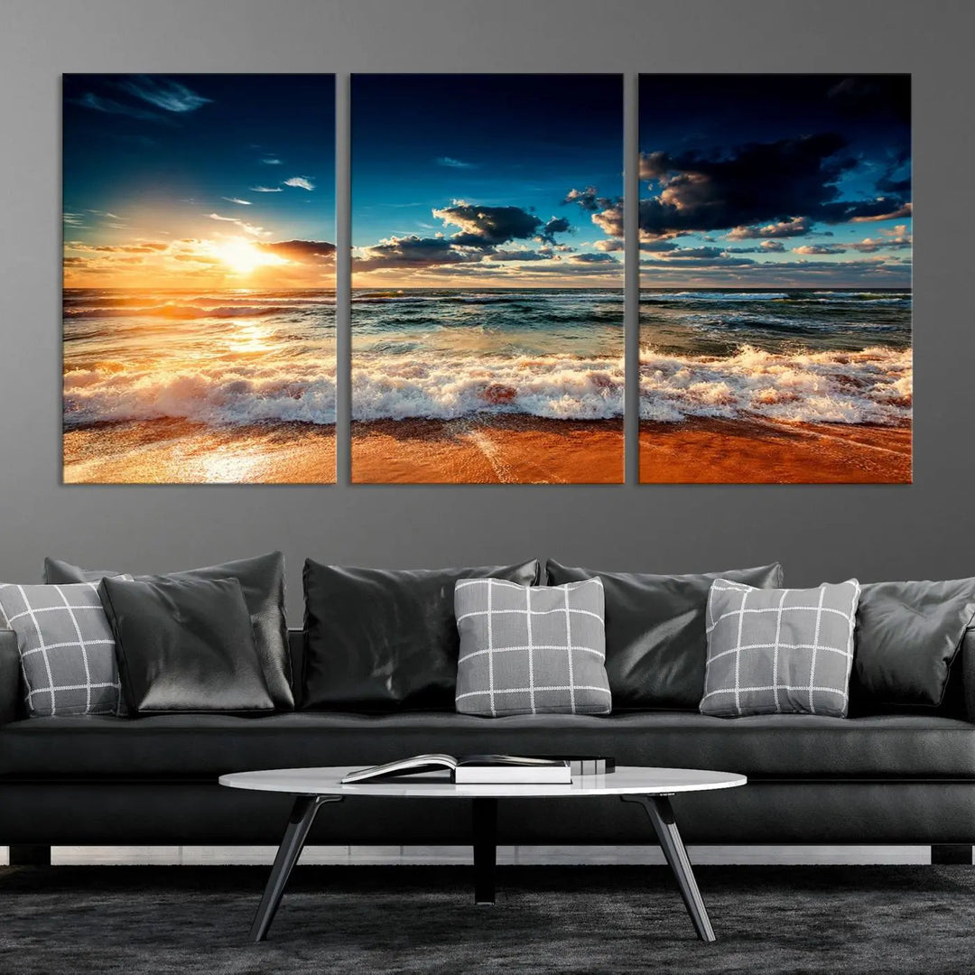 The "Golden Hour Sunset Over Ocean Waves Wall Art Canvas Print" is a stunning 3-panel coastal landscape canvas that showcases breathtaking beach photography, enhancing the cozy, coastal atmosphere.