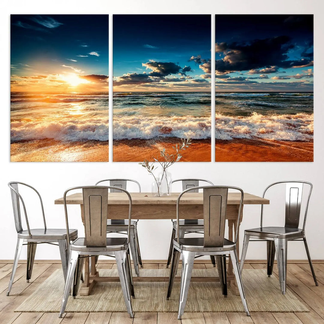 The "Golden Hour Sunset Over Ocean Waves Wall Art Canvas Print" is a stunning 3-panel coastal landscape canvas that showcases breathtaking beach photography, enhancing the cozy, coastal atmosphere.