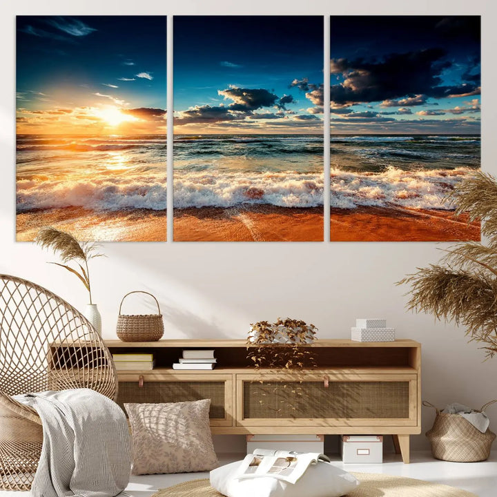 The "Golden Hour Sunset Over Ocean Waves Wall Art Canvas Print" is a stunning 3-panel coastal landscape canvas that showcases breathtaking beach photography, enhancing the cozy, coastal atmosphere.