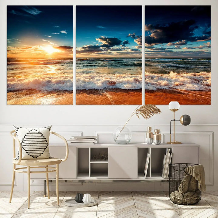 The "Golden Hour Sunset Over Ocean Waves Wall Art Canvas Print" is a stunning 3-panel coastal landscape canvas that showcases breathtaking beach photography, enhancing the cozy, coastal atmosphere.