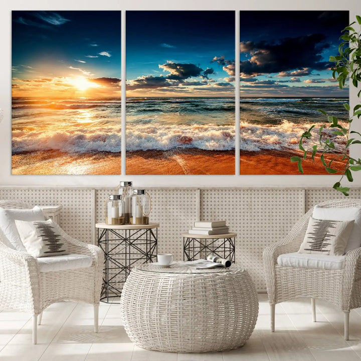 The "Golden Hour Sunset Over Ocean Waves Wall Art Canvas Print" is a stunning 3-panel coastal landscape canvas that showcases breathtaking beach photography, enhancing the cozy, coastal atmosphere.