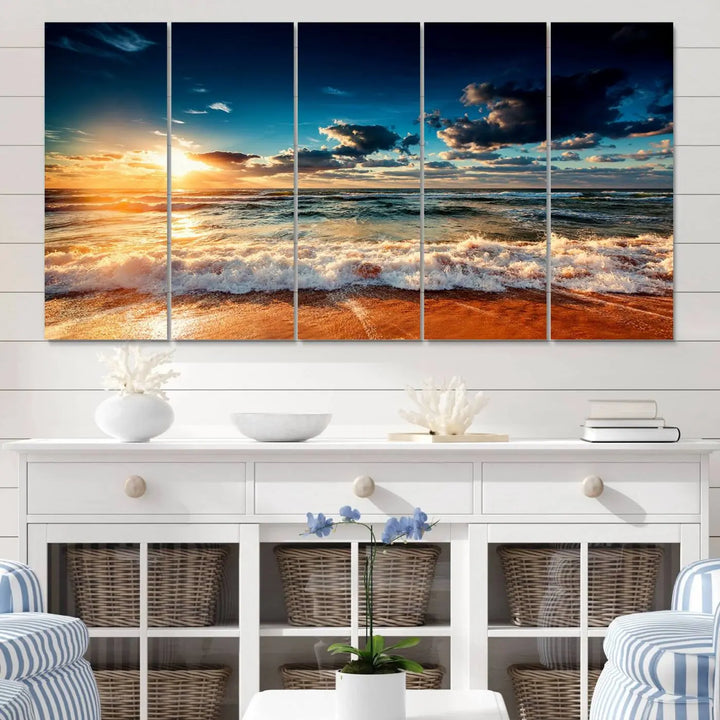 The "Golden Hour Sunset Over Ocean Waves Wall Art Canvas Print" is a stunning 3-panel coastal landscape canvas that showcases breathtaking beach photography, enhancing the cozy, coastal atmosphere.