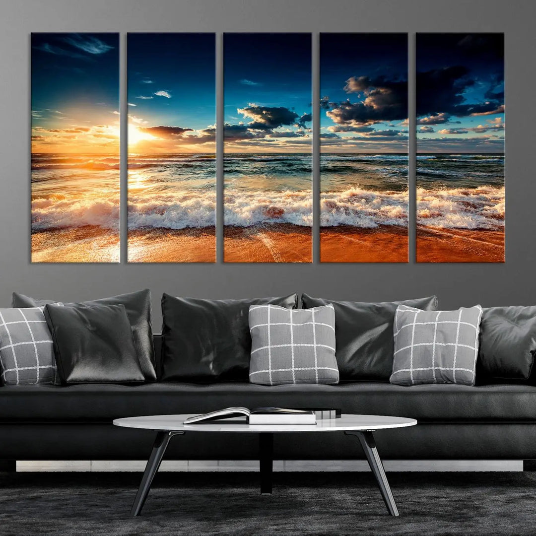 The "Golden Hour Sunset Over Ocean Waves Wall Art Canvas Print" is a stunning 3-panel coastal landscape canvas that showcases breathtaking beach photography, enhancing the cozy, coastal atmosphere.