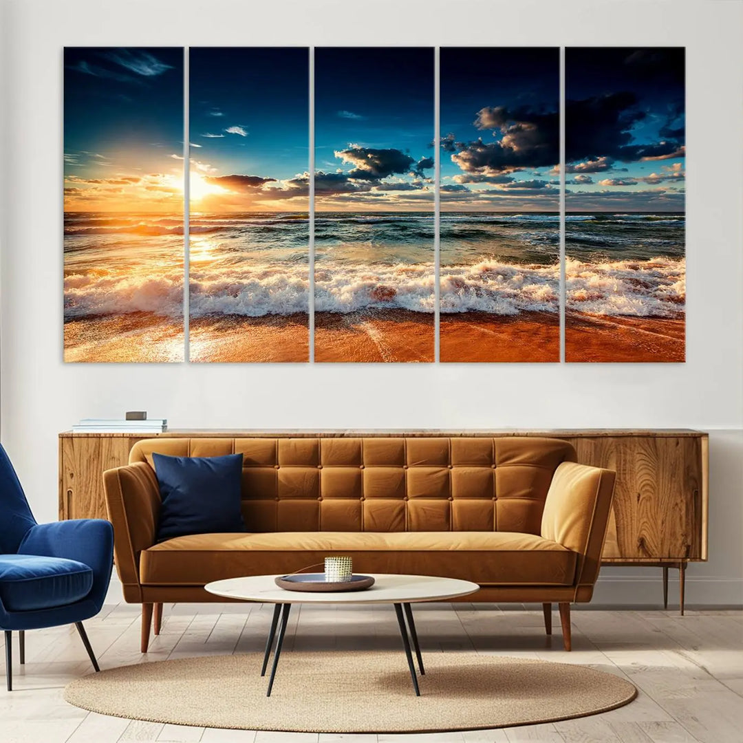 The "Golden Hour Sunset Over Ocean Waves Wall Art Canvas Print" is a stunning 3-panel coastal landscape canvas that showcases breathtaking beach photography, enhancing the cozy, coastal atmosphere.