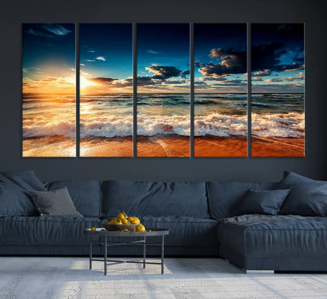 The "Golden Hour Sunset Over Ocean Waves Wall Art Canvas Print" is a stunning 3-panel coastal landscape canvas that showcases breathtaking beach photography, enhancing the cozy, coastal atmosphere.