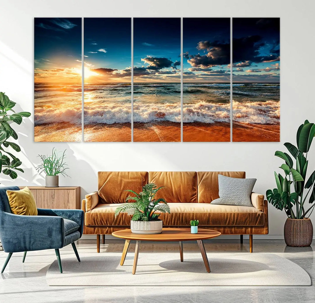 The "Golden Hour Sunset Over Ocean Waves Wall Art Canvas Print" is a stunning 3-panel coastal landscape canvas that showcases breathtaking beach photography, enhancing the cozy, coastal atmosphere.