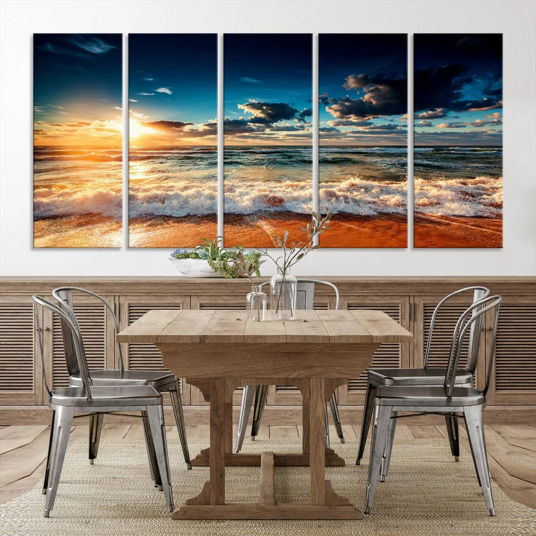 The "Golden Hour Sunset Over Ocean Waves Wall Art Canvas Print" is a stunning 3-panel coastal landscape canvas that showcases breathtaking beach photography, enhancing the cozy, coastal atmosphere.