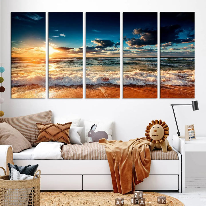 The "Golden Hour Sunset Over Ocean Waves Wall Art Canvas Print" is a stunning 3-panel coastal landscape canvas that showcases breathtaking beach photography, enhancing the cozy, coastal atmosphere.