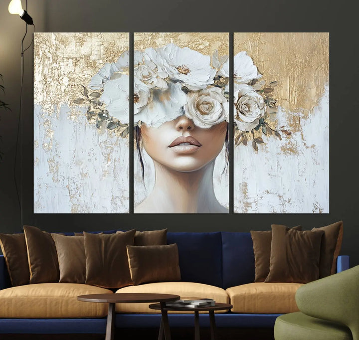 Golden Petal Wall Art - Canvas Print Flower Head Woman Painting Floral Woman Portrait Wall Decor, Abstract Portrait Painting
