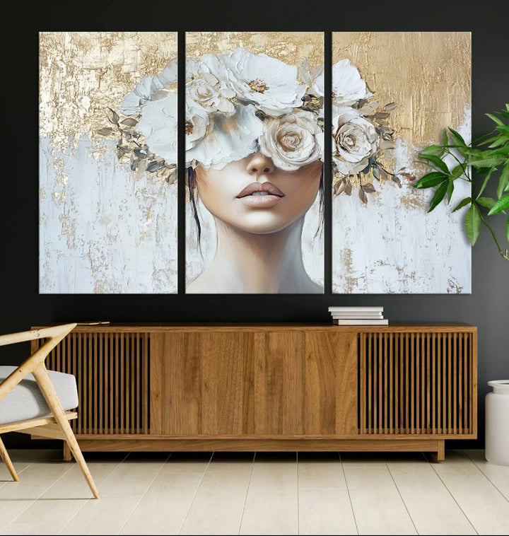 Golden Petal Wall Art - Canvas Print Flower Head Woman Painting Floral Woman Portrait Wall Decor, Abstract Portrait Painting