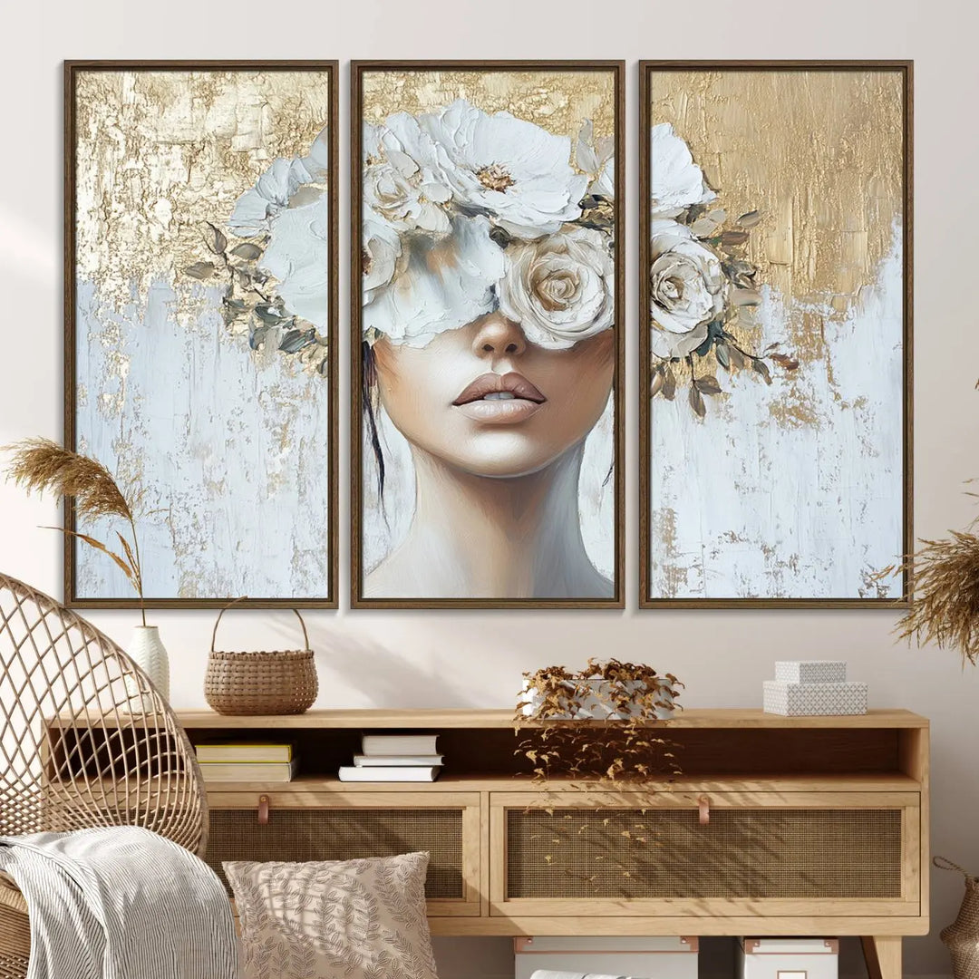 Golden Petal Wall Art - Canvas Print Flower Head Woman Painting Floral Woman Portrait Wall Decor, Abstract Portrait Painting