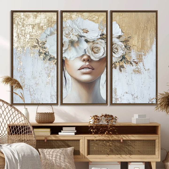 Golden Petal Wall Art - Canvas Print Flower Head Woman Painting Floral Woman Portrait Wall Decor, Abstract Portrait Painting