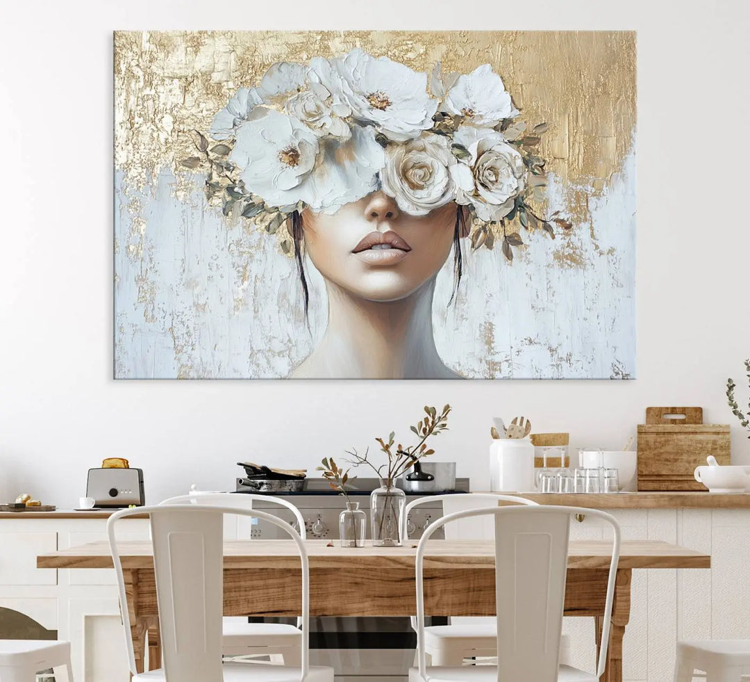 Golden Petal Wall Art - Canvas Print Flower Head Woman Painting Floral Woman Portrait Wall Decor, Abstract Portrait Painting