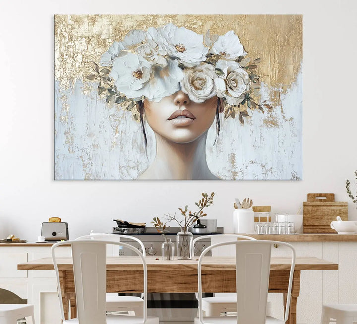 Golden Petal Wall Art - Canvas Print Flower Head Woman Painting Floral Woman Portrait Wall Decor, Abstract Portrait Painting