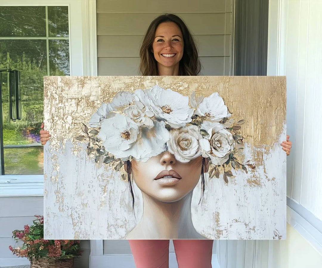 Golden Petal Wall Art - Canvas Print Flower Head Woman Painting Floral Woman Portrait Wall Decor, Abstract Portrait Painting