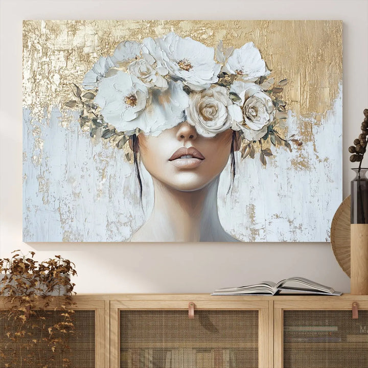 Golden Petal Wall Art - Canvas Print Flower Head Woman Painting Floral Woman Portrait Wall Decor, Abstract Portrait Painting