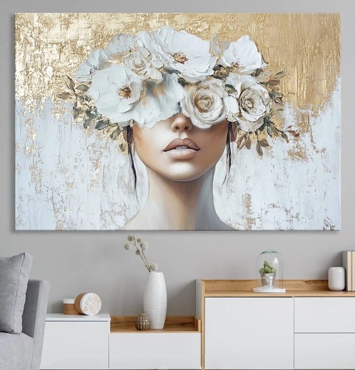 Golden Petal Wall Art - Canvas Print Flower Head Woman Painting Floral Woman Portrait Wall Decor, Abstract Portrait Painting