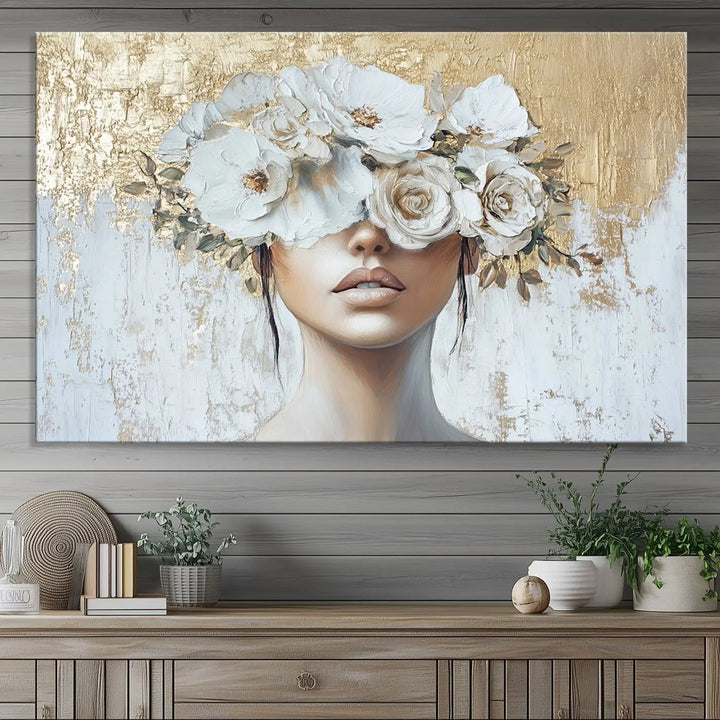 Golden Petal Wall Art - Canvas Print Flower Head Woman Painting Floral Woman Portrait Wall Decor, Abstract Portrait Painting