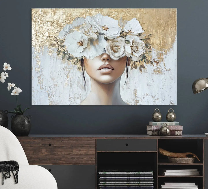 Golden Petal Wall Art - Canvas Print Flower Head Woman Painting Floral Woman Portrait Wall Decor, Abstract Portrait Painting