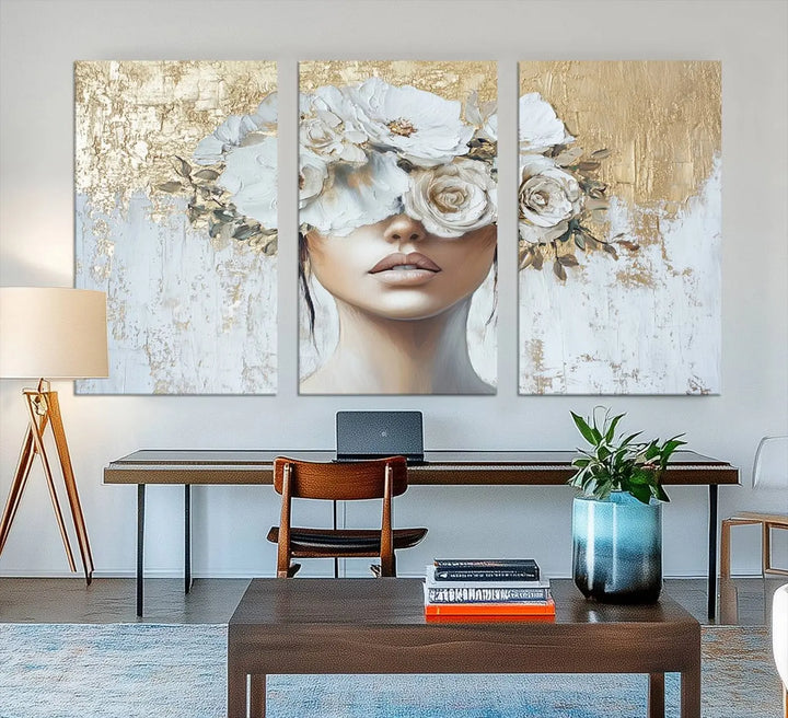 Golden Petal Wall Art - Canvas Print Flower Head Woman Painting Floral Woman Portrait Wall Decor, Abstract Portrait Painting