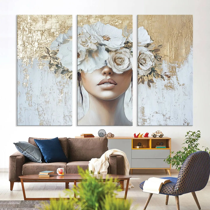 Golden Petal Wall Art - Canvas Print Flower Head Woman Painting Floral Woman Portrait Wall Decor, Abstract Portrait Painting