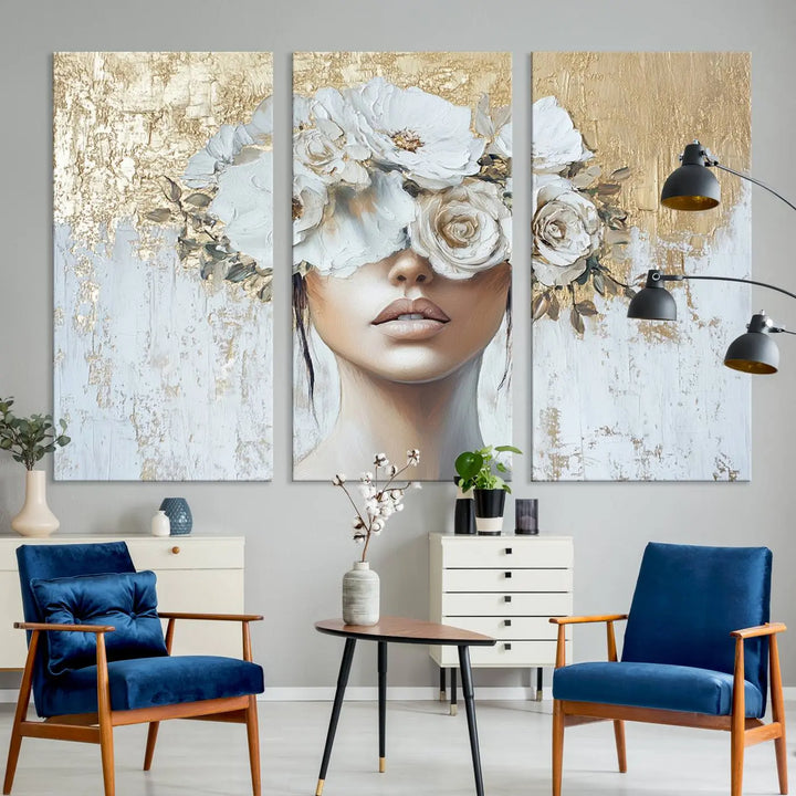 Golden Petal Wall Art - Canvas Print Flower Head Woman Painting Floral Woman Portrait Wall Decor, Abstract Portrait Painting