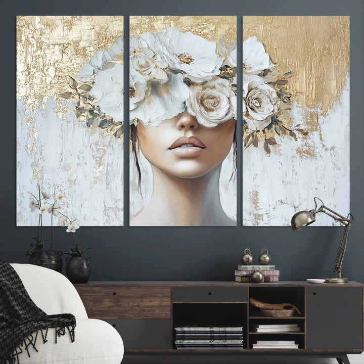 Golden Petal Wall Art - Canvas Print Flower Head Woman Painting Floral Woman Portrait Wall Decor, Abstract Portrait Painting