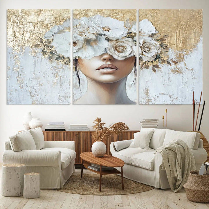 Golden Petal Wall Art - Canvas Print Flower Head Woman Painting Floral Woman Portrait Wall Decor, Abstract Portrait Painting