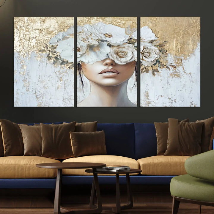 Golden Petal Wall Art - Canvas Print Flower Head Woman Painting Floral Woman Portrait Wall Decor, Abstract Portrait Painting