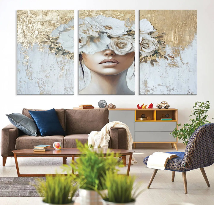 Golden Petal Wall Art - Canvas Print Flower Head Woman Painting Floral Woman Portrait Wall Decor, Abstract Portrait Painting