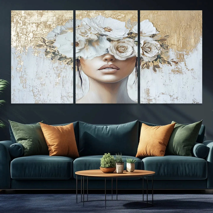 Golden Petal Wall Art - Canvas Print Flower Head Woman Painting Floral Woman Portrait Wall Decor, Abstract Portrait Painting